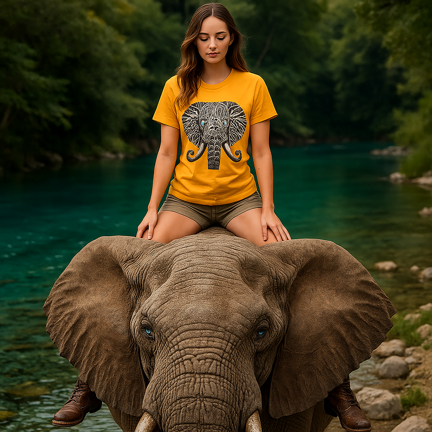 Elephant with Piercing Blue Eyes and Swirling, Tribal-like Patterns Short Sleeve Tee
