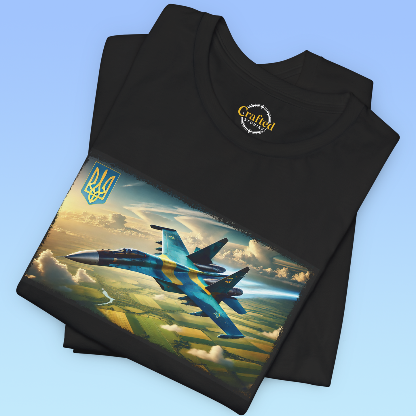 Україна, Ukraine- Ukrainian military aircraft soaring above golden wheat fields Short Sleeve T- shirt
