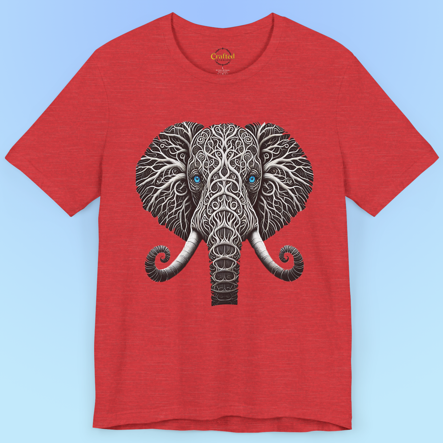Elephant with Piercing Blue Eyes and Swirling, Tribal-like Patterns Short Sleeve Tee