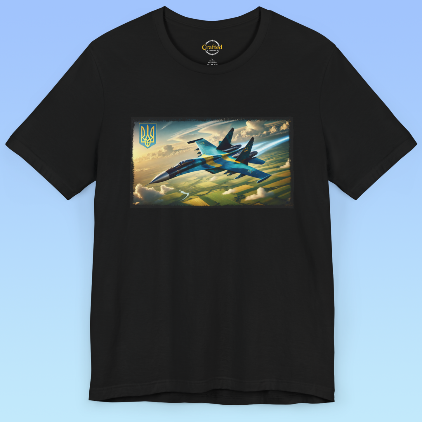 Україна, Ukraine- Ukrainian military aircraft soaring above golden wheat fields Short Sleeve T- shirt