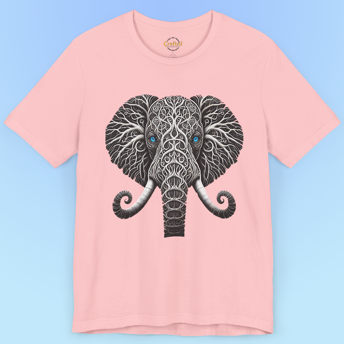 Elephant with Piercing Blue Eyes and Swirling, Tribal-like Patterns Short Sleeve Tee