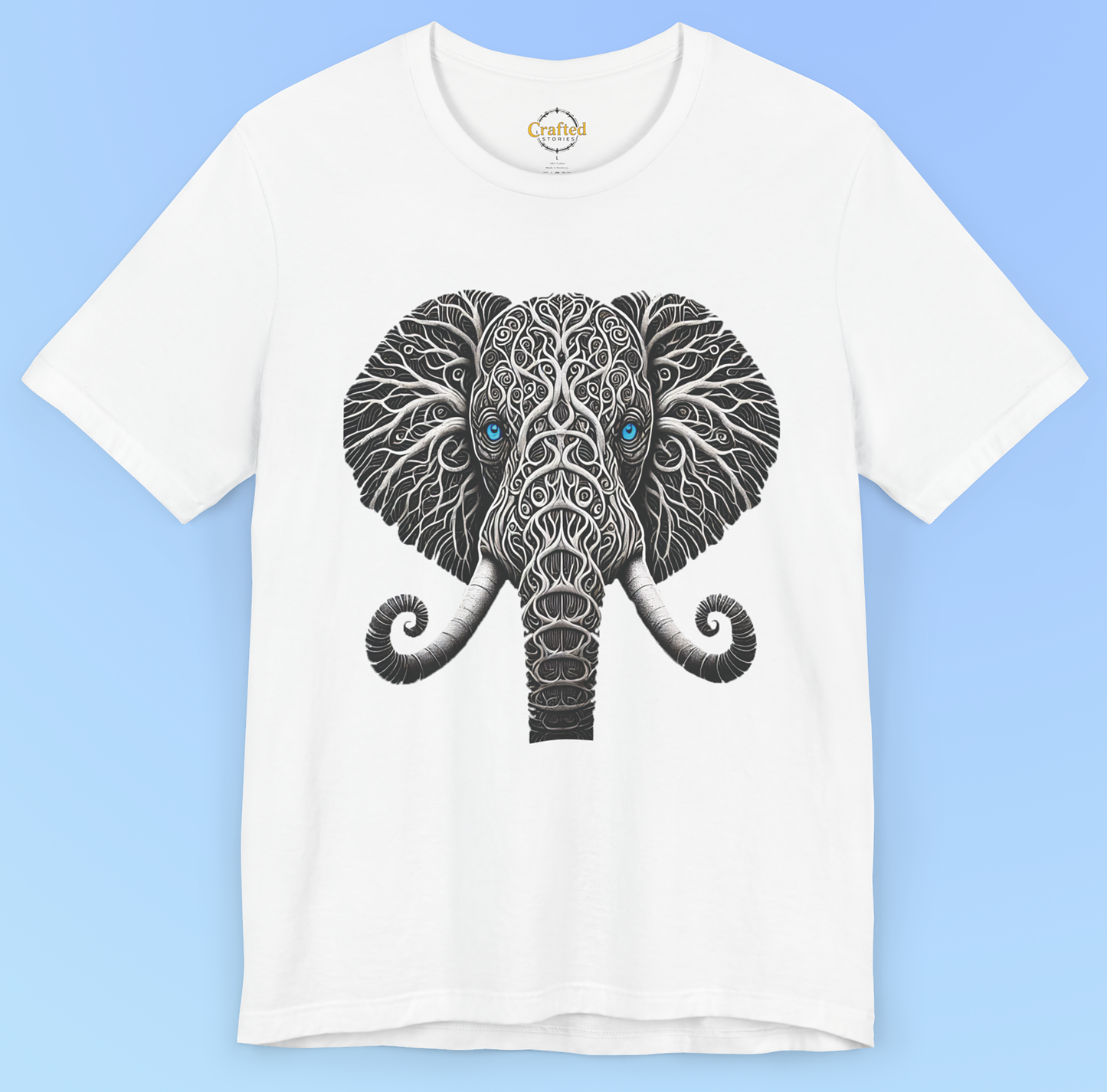 Elephant with Piercing Blue Eyes and Swirling, Tribal-like Patterns Short Sleeve Tee