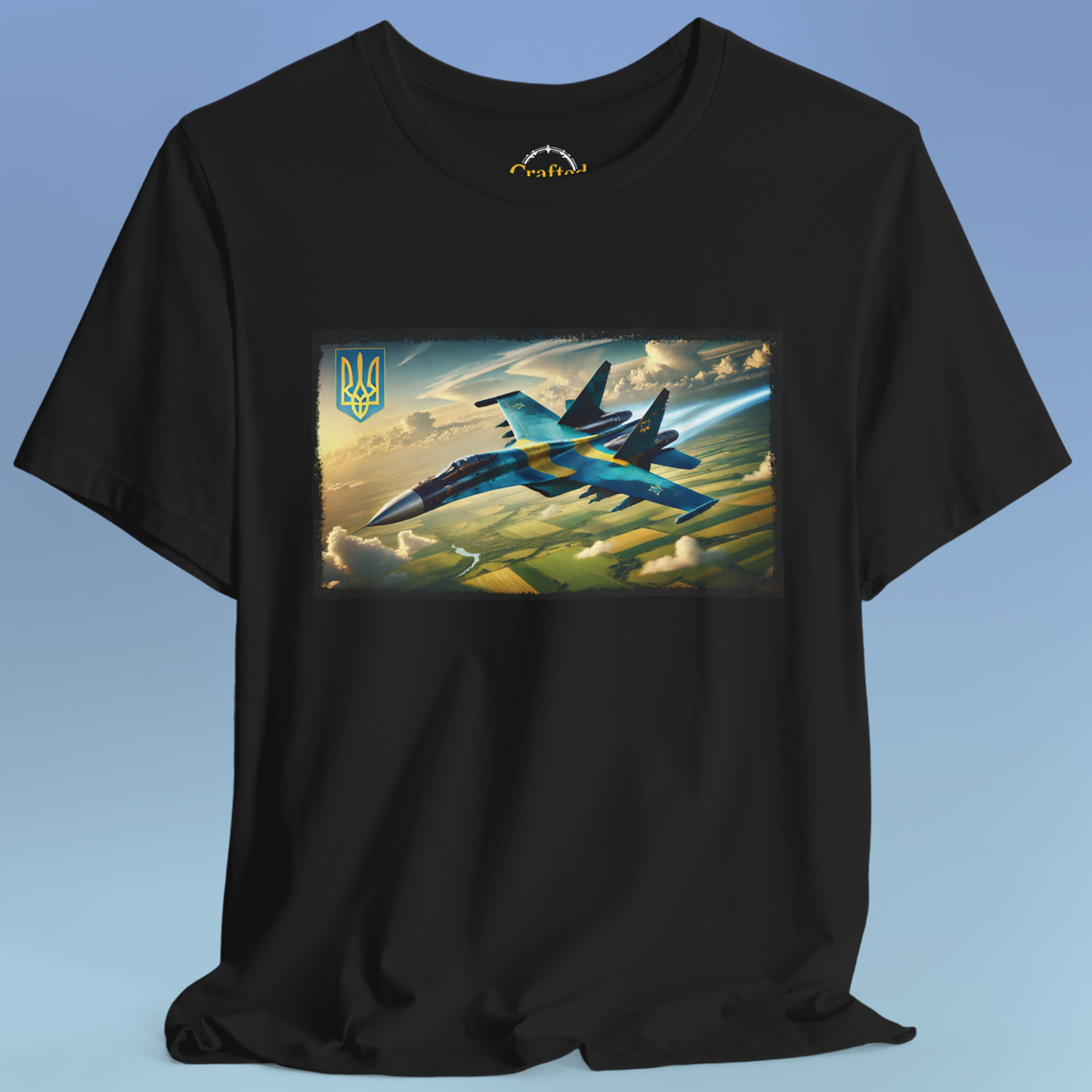 Україна, Ukraine- Ukrainian military aircraft soaring above golden wheat fields Short Sleeve T- shirt
