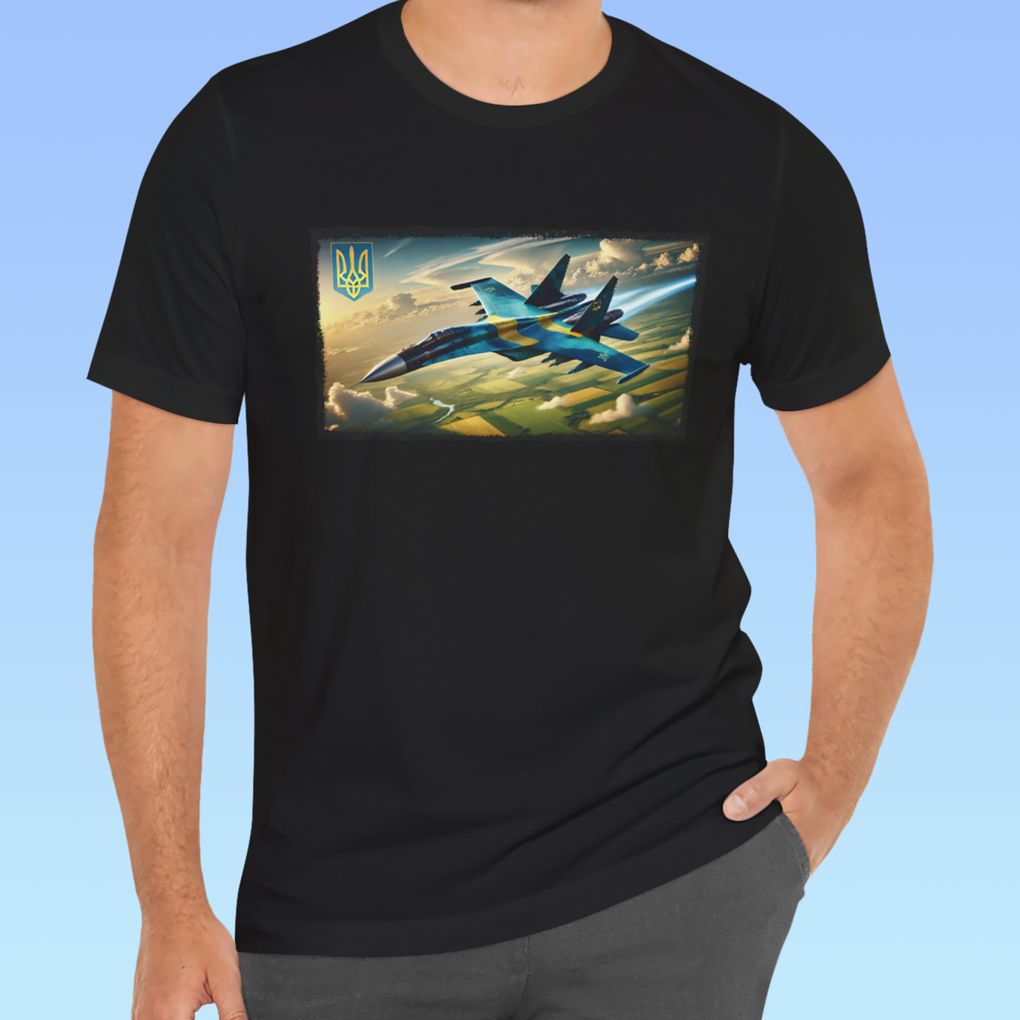 Україна, Ukraine- Ukrainian military aircraft soaring above golden wheat fields Short Sleeve T- shirt