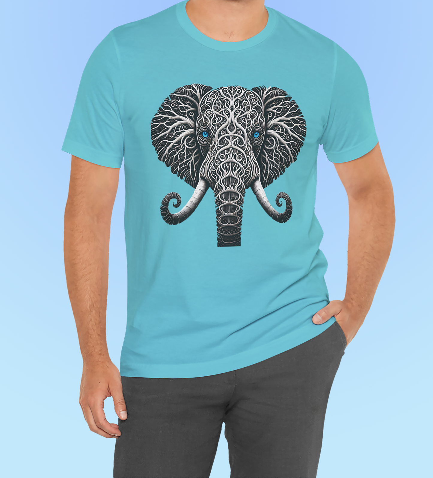 Elephant with Piercing Blue Eyes and Swirling, Tribal-like Patterns Short Sleeve Tee