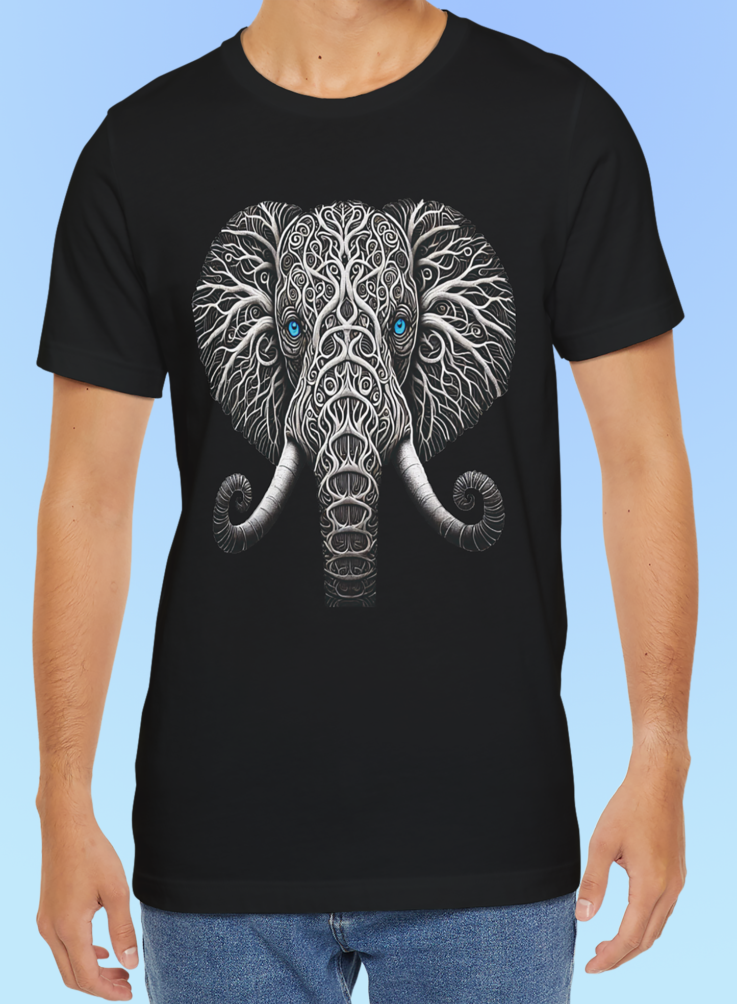 Elephant with Piercing Blue Eyes and Swirling, Tribal-like Patterns Short Sleeve Tee