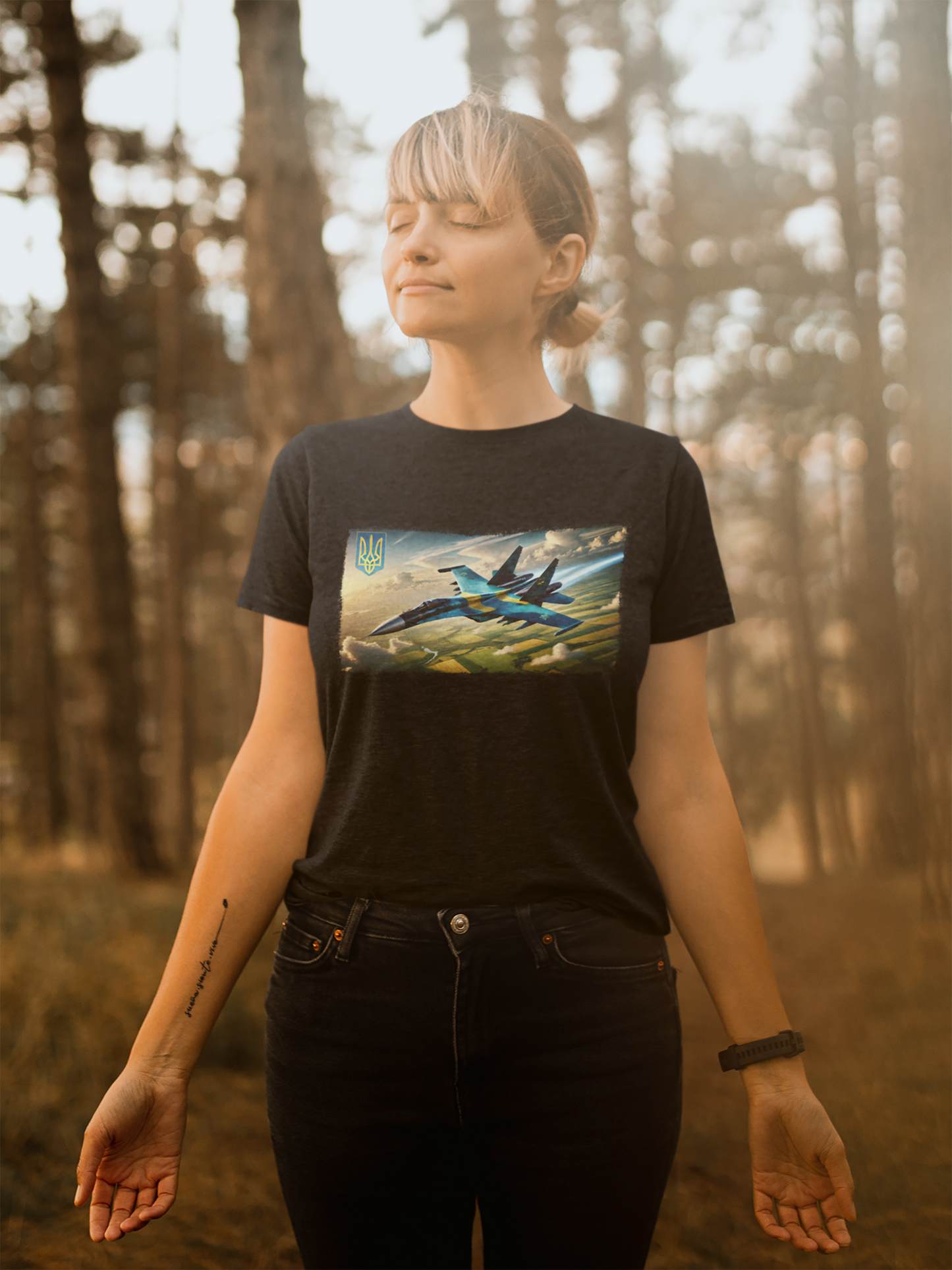 Україна, Ukraine- Ukrainian military aircraft soaring above golden wheat fields Short Sleeve T- shirt