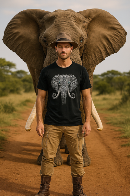 Elephant with Piercing Blue Eyes and Swirling, Tribal-like Patterns Short Sleeve Tee