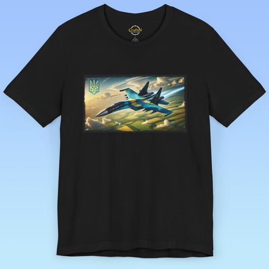 Україна, Ukraine- Ukrainian military aircraft soaring above golden wheat fields Short Sleeve T- shirt