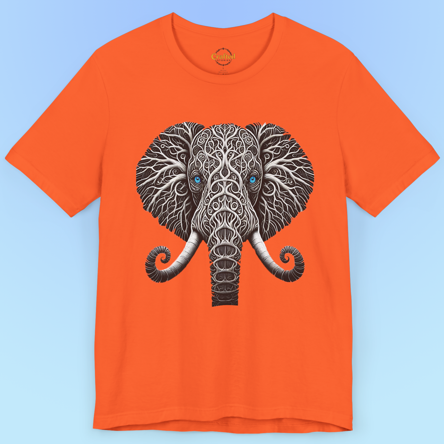 Elephant with Piercing Blue Eyes and Swirling, Tribal-like Patterns Short Sleeve Tee