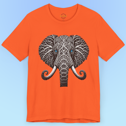 Elephant with Piercing Blue Eyes and Swirling, Tribal-like Patterns Short Sleeve Tee