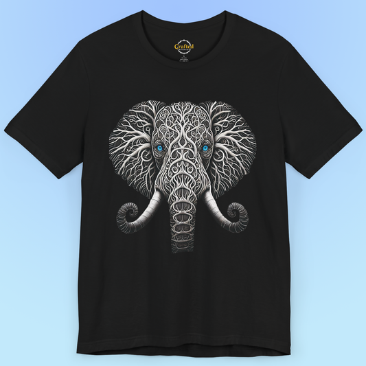 Elephant with Piercing Blue Eyes and Swirling, Tribal-like Patterns Short Sleeve Tee