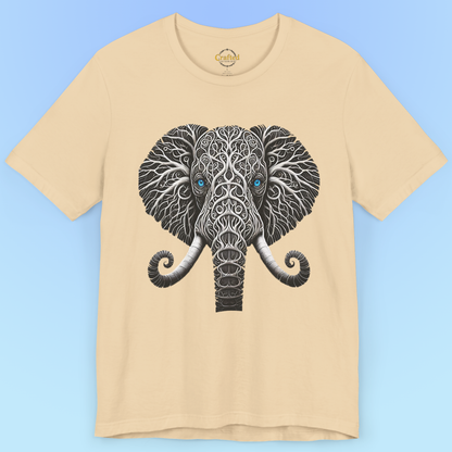 Elephant with Piercing Blue Eyes and Swirling, Tribal-like Patterns Short Sleeve Tee