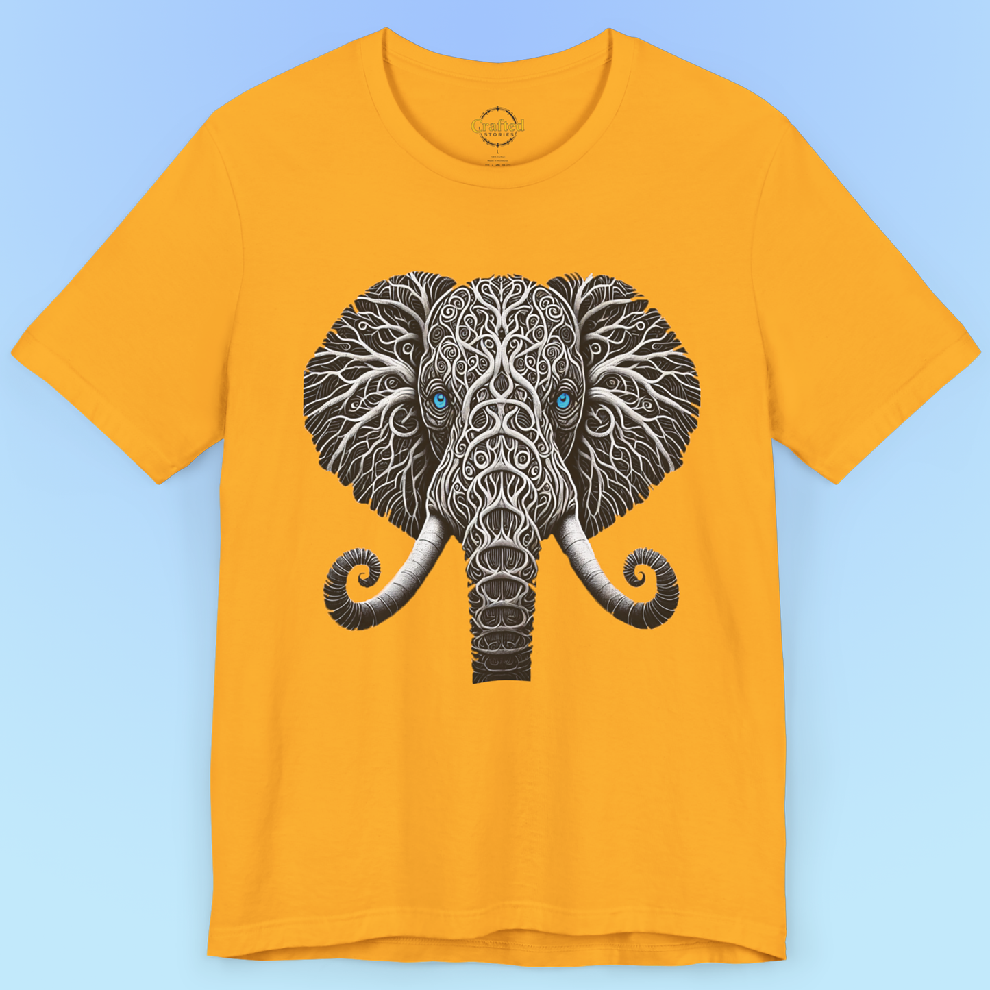 Elephant with Piercing Blue Eyes and Swirling, Tribal-like Patterns Short Sleeve Tee