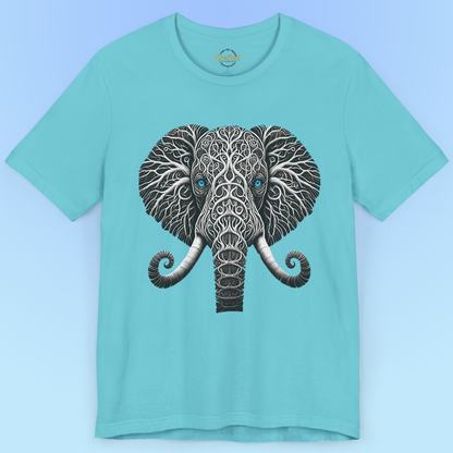 Elephant with Piercing Blue Eyes and Swirling, Tribal-like Patterns Short Sleeve Tee