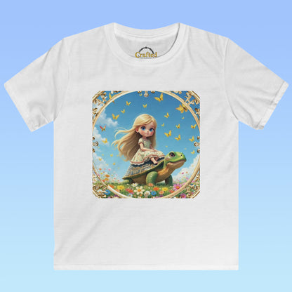 Sweet princess flying on a gentle turtle Kids Softstyle Tee