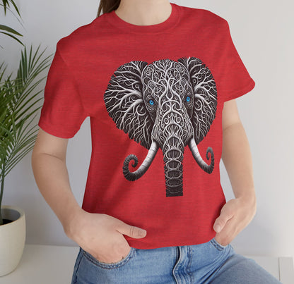 Elephant with Piercing Blue Eyes and Swirling, Tribal-like Patterns Short Sleeve Tee